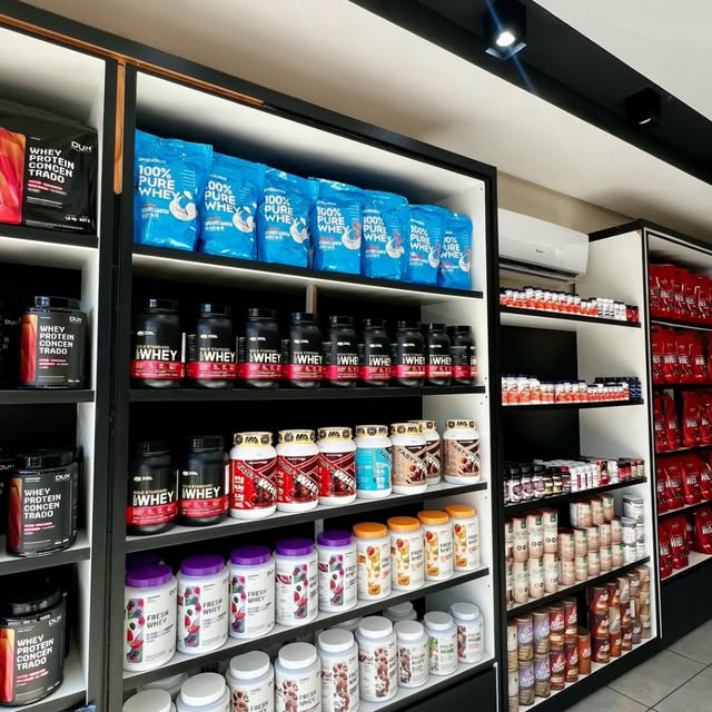 Prateleiras da loja Suplementos BG com whey, creatina e vitaminas